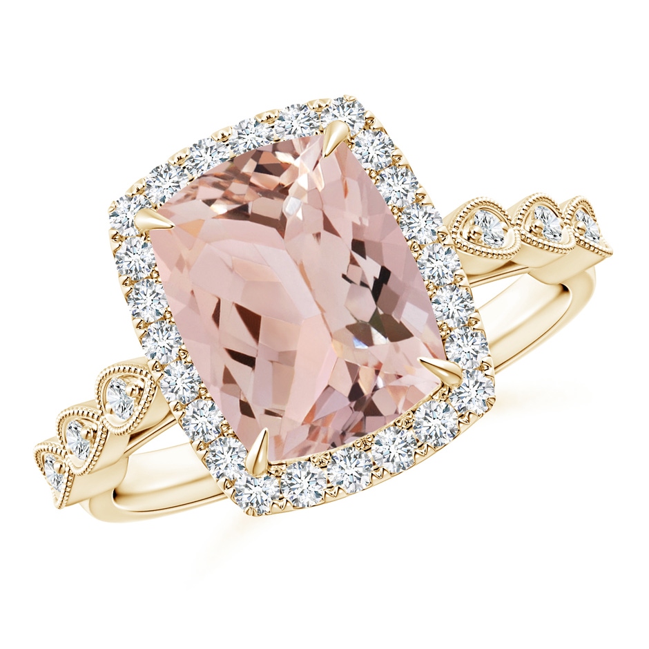 10x8mm AAA Cushion Morganite Halo Ring with Marquise Motifs in Yellow Gold 