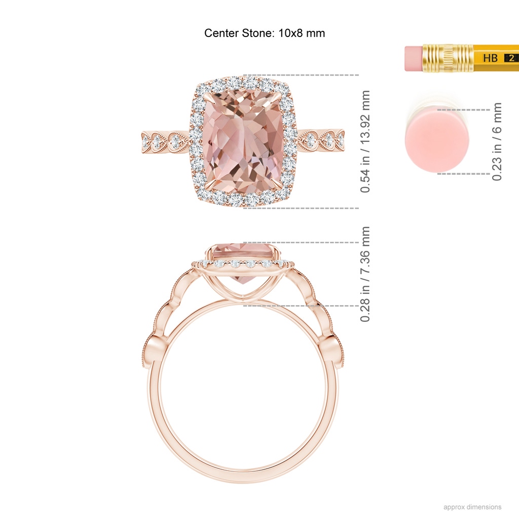 10x8mm AAAA Cushion Morganite Halo Ring with Marquise Motifs in Rose Gold Ruler