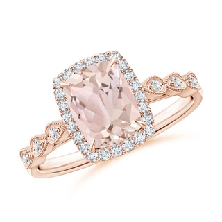 8x6mm A Cushion Morganite Halo Ring with Marquise Motifs in Rose Gold
