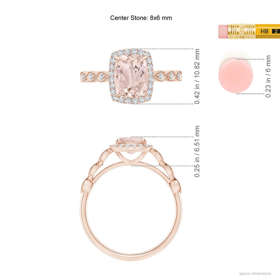 8x6mm A Cushion Morganite Halo Ring with Marquise Motifs in Rose Gold ruler