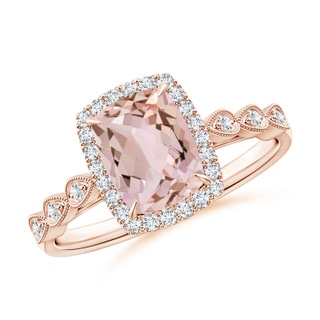 8x6mm AA Cushion Morganite Halo Ring with Marquise Motifs in 9K Rose Gold
