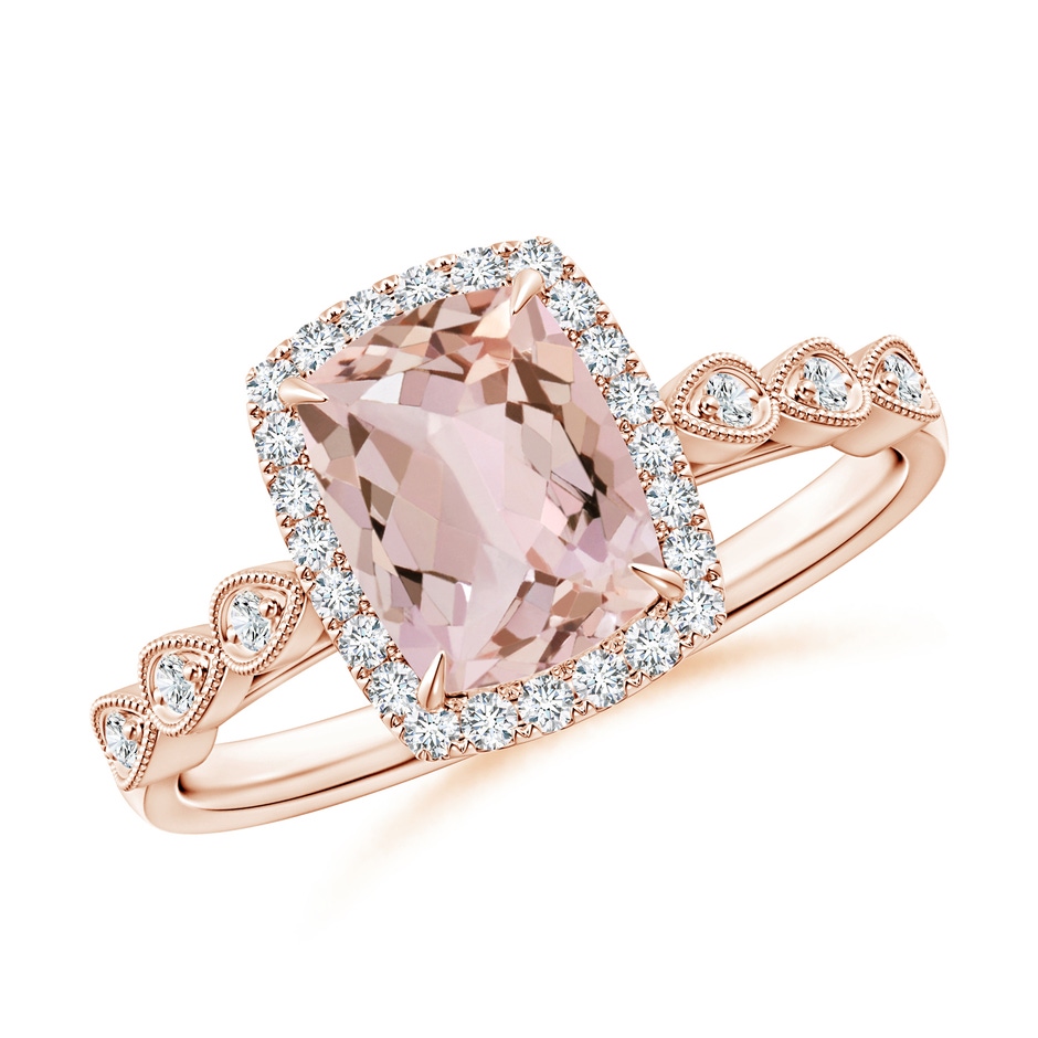 8x6mm AA Cushion Morganite Halo Ring with Marquise Motifs in Rose Gold 