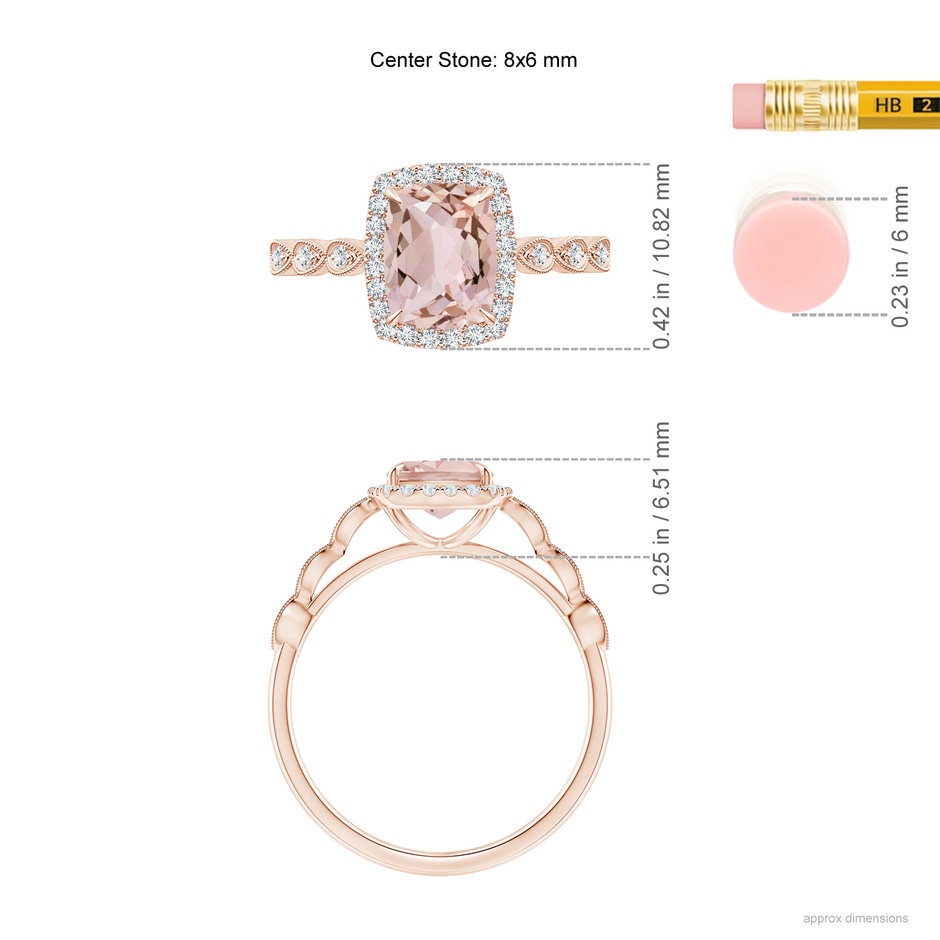 8x6mm AA Cushion Morganite Halo Ring with Marquise Motifs in Rose Gold ruler