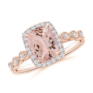 8x6mm AAA Cushion Morganite Halo Ring with Marquise Motifs in 9K Rose Gold