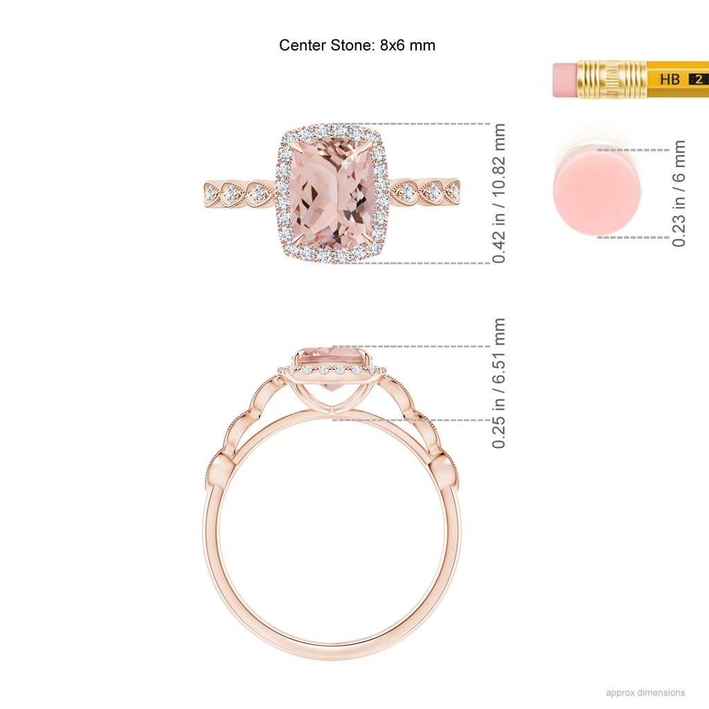 8x6mm AAA Cushion Morganite Halo Ring with Marquise Motifs in Rose Gold Ruler