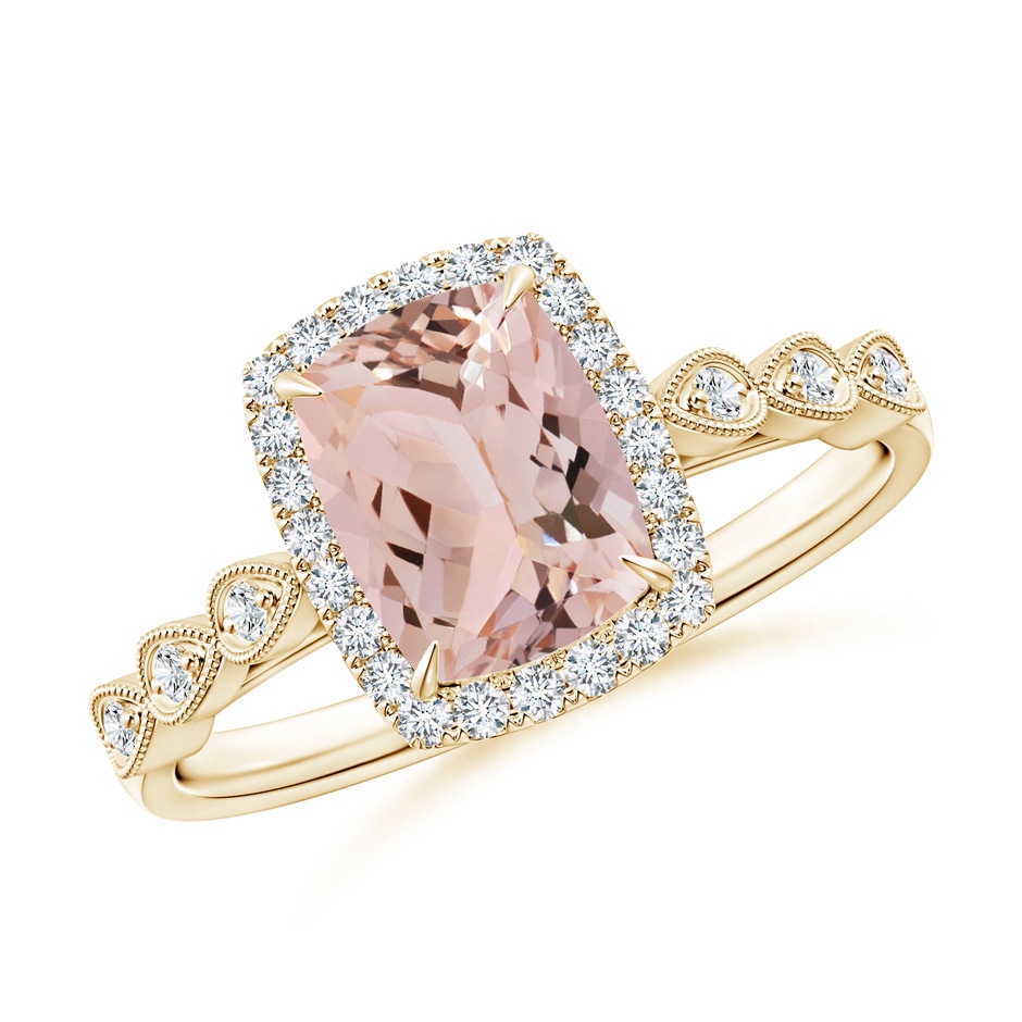 8x6mm AAA Cushion Morganite Halo Ring with Marquise Motifs in Yellow Gold 