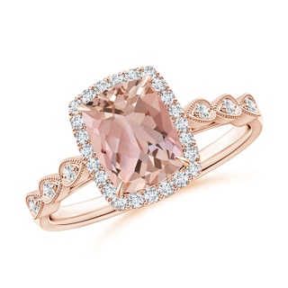 8x6mm AAAA Cushion Morganite Halo Ring with Marquise Motifs in 9K Rose Gold