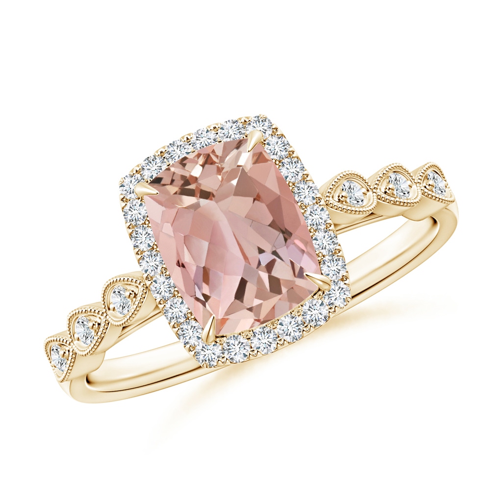 8x6mm AAAA Cushion Morganite Halo Ring with Marquise Motifs in 9K Yellow Gold