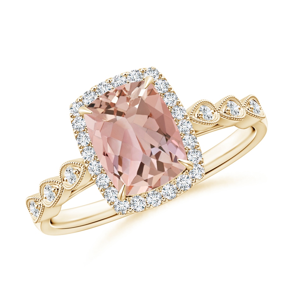 8x6mm AAAA Cushion Morganite Halo Ring with Marquise Motifs in 9K Yellow Gold 