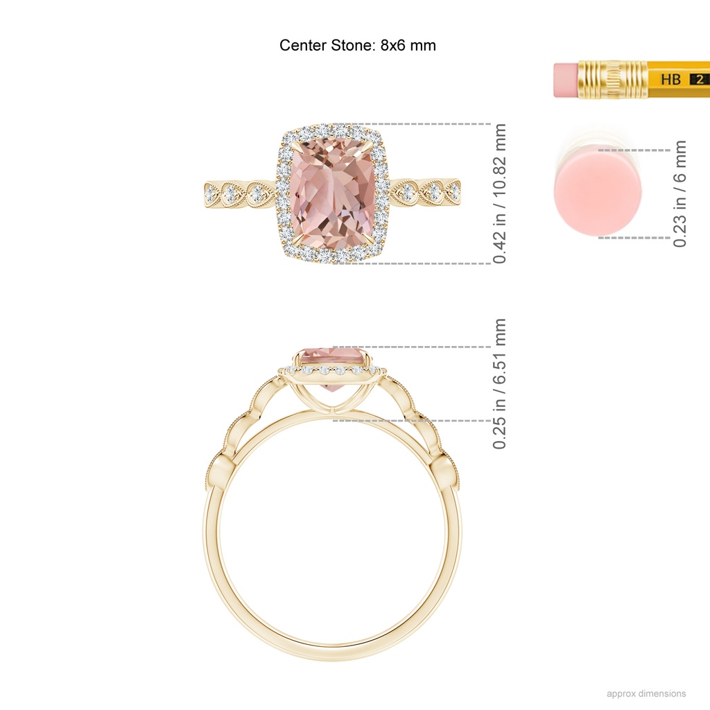 8x6mm AAAA Cushion Morganite Halo Ring with Marquise Motifs in 9K Yellow Gold Ruler
