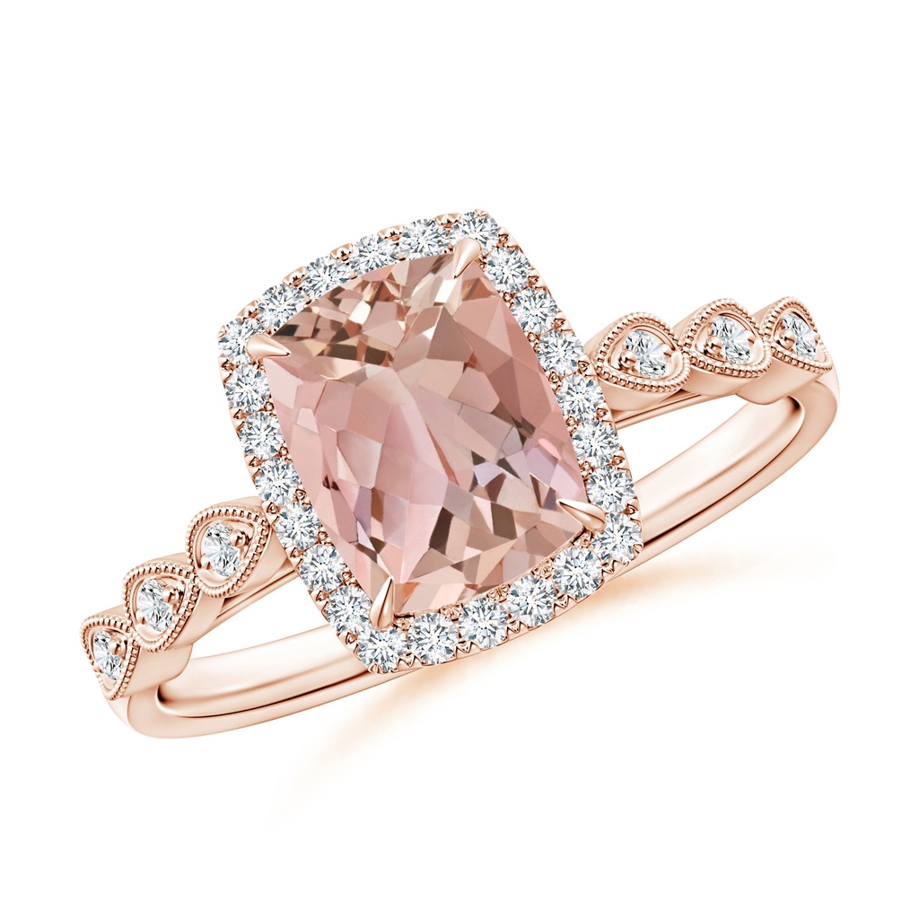 8x6mm AAAA Cushion Morganite Halo Ring with Marquise Motifs in Rose Gold