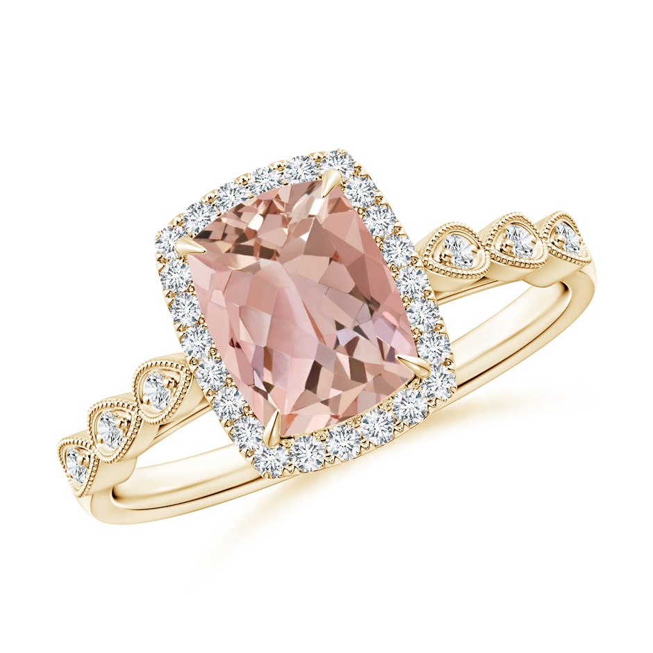 8x6mm AAAA Cushion Morganite Halo Ring with Marquise Motifs in Yellow Gold 