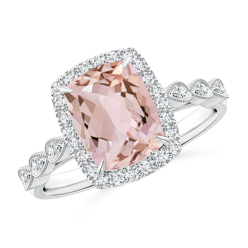 9x7mm AA Cushion Morganite Halo Ring with Marquise Motifs in White Gold 