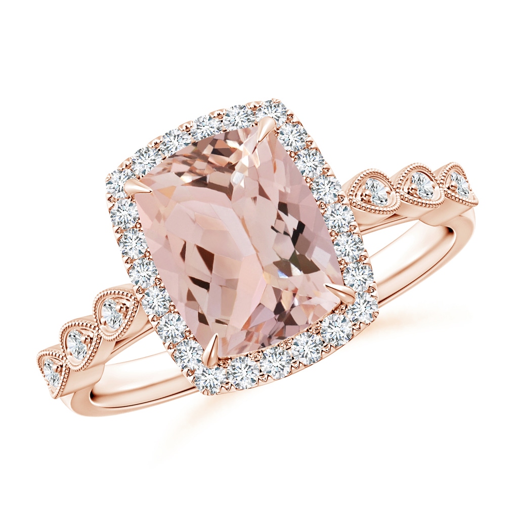 9x7mm AAA Cushion Morganite Halo Ring with Marquise Motifs in Rose Gold