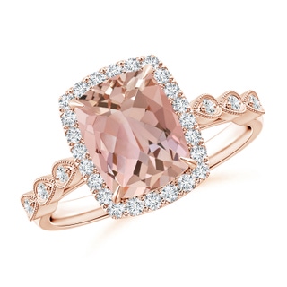 9x7mm AAAA Cushion Morganite Halo Ring with Marquise Motifs in Rose Gold