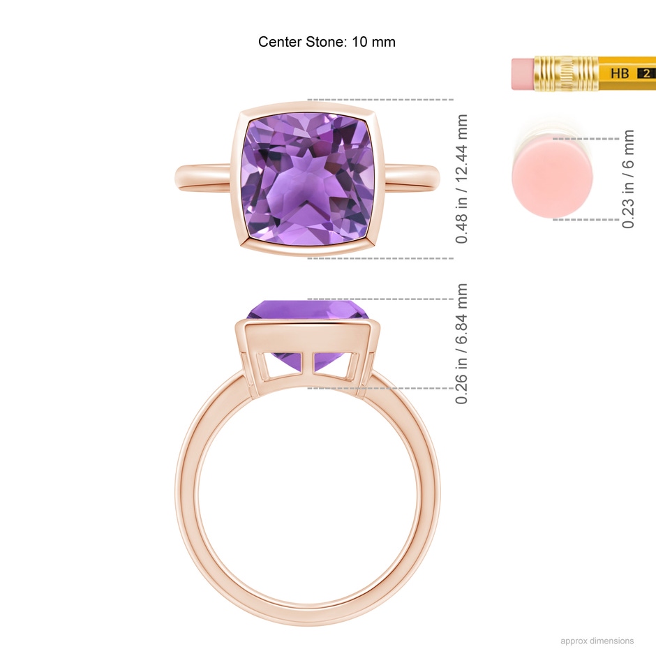 10mm AA Bezel-Set Solitaire Cushion Amethyst Ring in Rose Gold ruler
