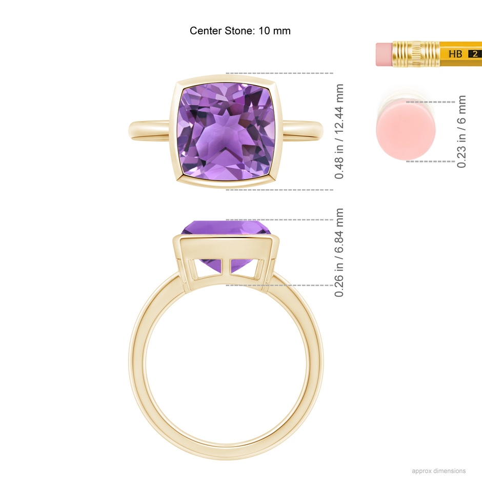 10mm AA Bezel-Set Solitaire Cushion Amethyst Ring in Yellow Gold ruler