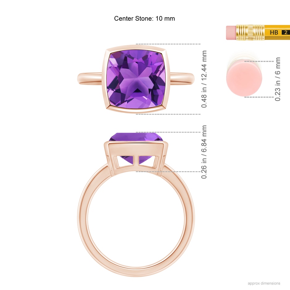 10mm AAA Bezel-Set Solitaire Cushion Amethyst Ring in Rose Gold ruler