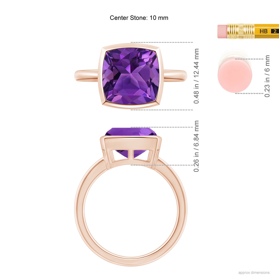 10mm AAAA Bezel-Set Solitaire Cushion Amethyst Ring in Rose Gold ruler