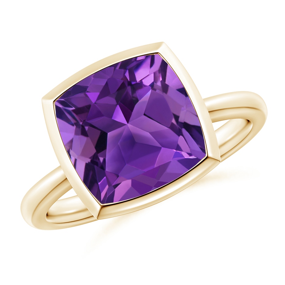 10mm AAAA Bezel-Set Solitaire Cushion Amethyst Ring in Yellow Gold 