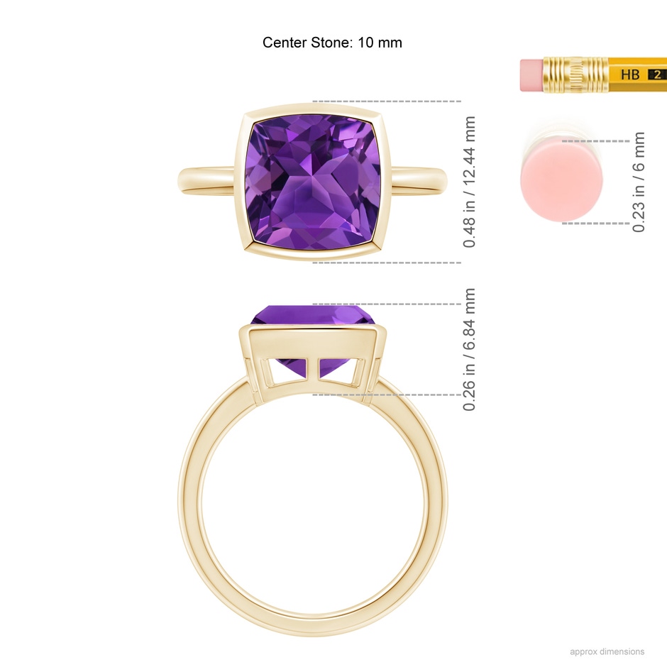 10mm AAAA Bezel-Set Solitaire Cushion Amethyst Ring in Yellow Gold ruler