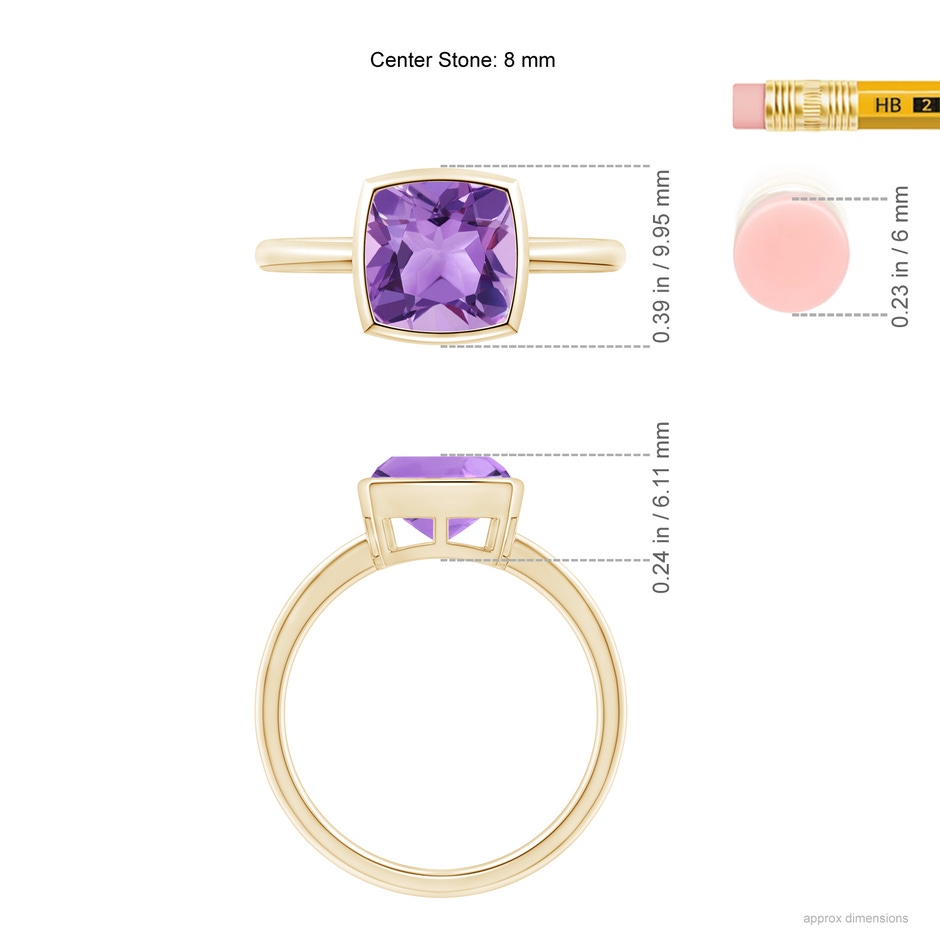 8mm A Bezel-Set Solitaire Cushion Amethyst Ring in Yellow Gold ruler