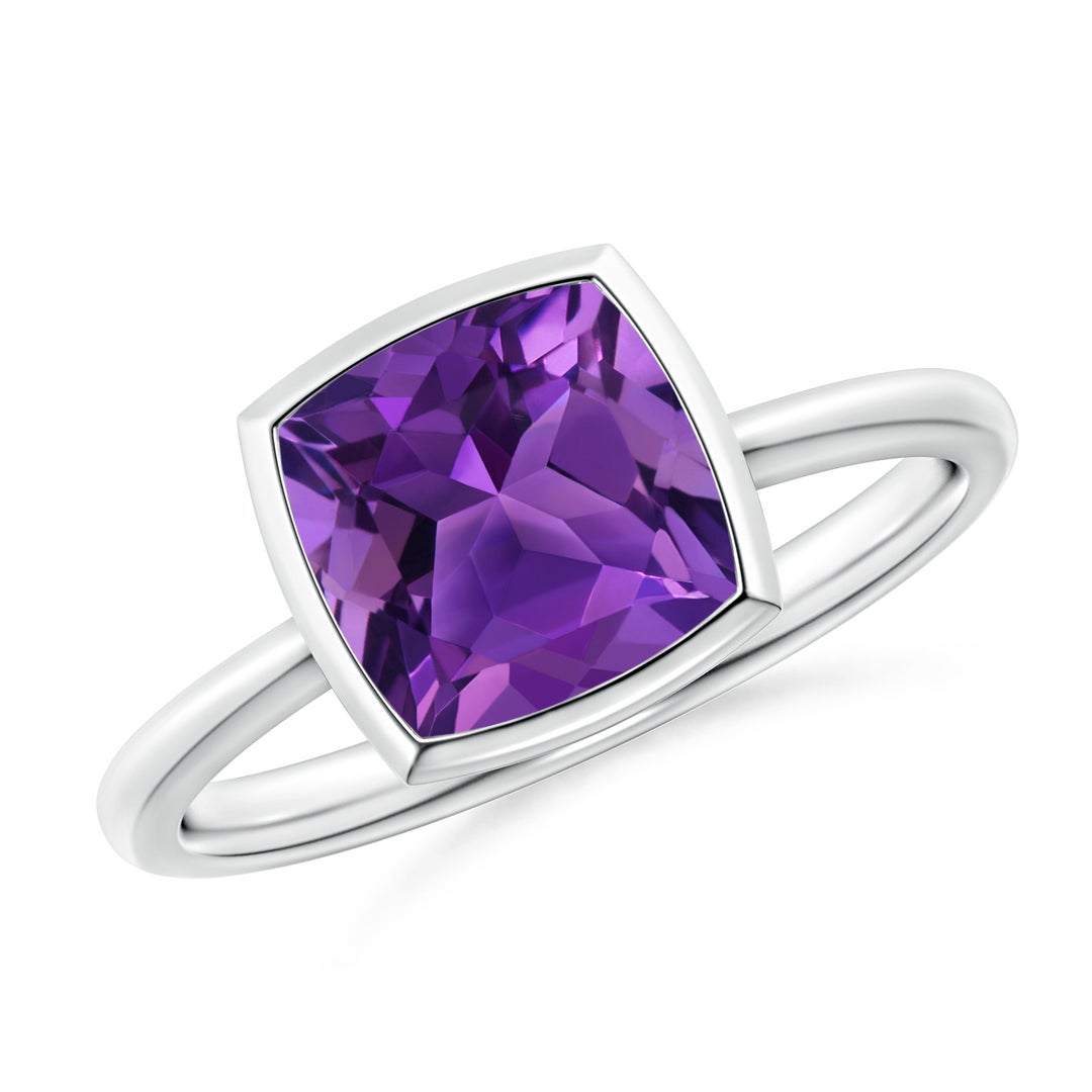 Angara bezel-set cushion amethyst solitaire ring in white gold