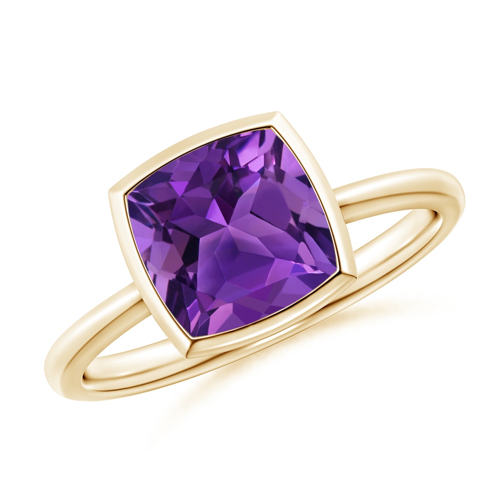 8mm AAAA Bezel-Set Solitaire Cushion Amethyst Ring in Yellow Gold