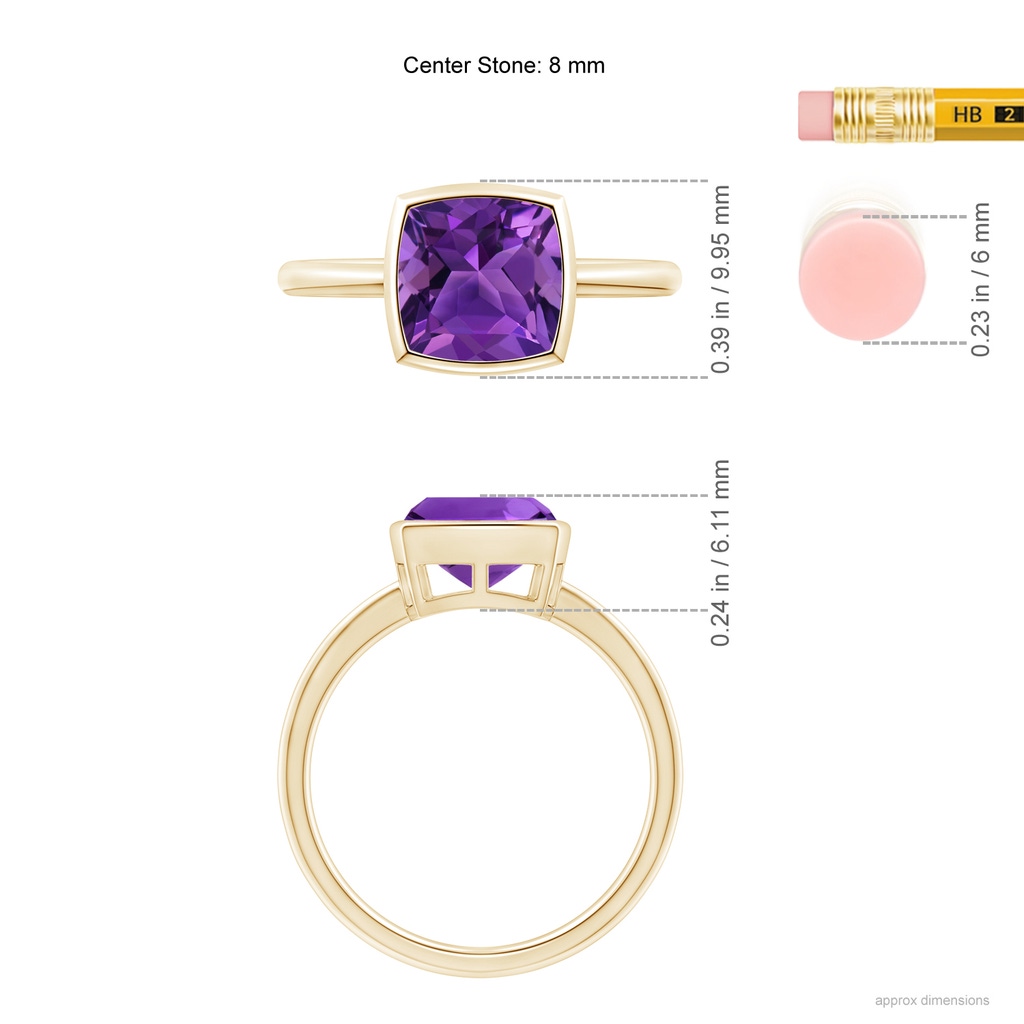 8mm AAAA Bezel-Set Solitaire Cushion Amethyst Ring in Yellow Gold Ruler