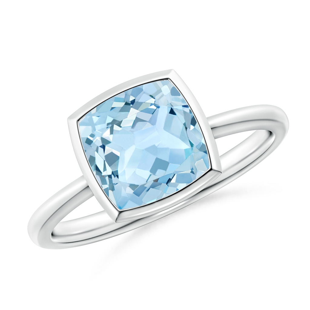 8mm AAA Bezel-Set Solitaire Cushion Aquamarine Ring in White Gold