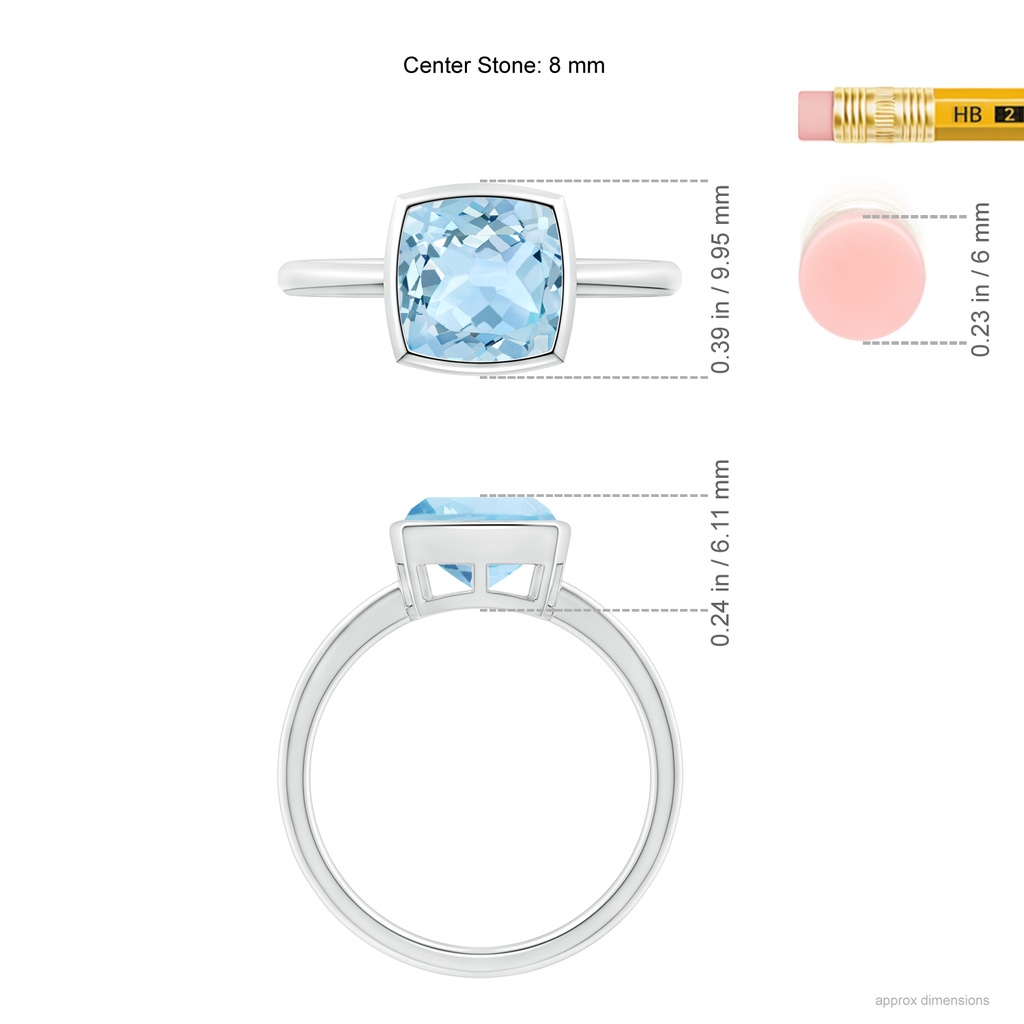 8mm AAA Bezel-Set Solitaire Cushion Aquamarine Ring in White Gold Ruler