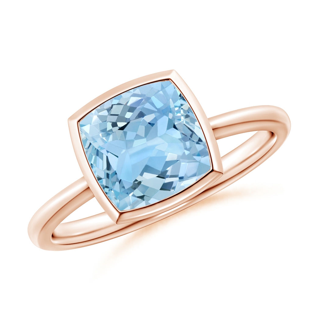 8mm AAAA Bezel-Set Solitaire Cushion Aquamarine Ring in Rose Gold