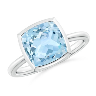 9mm AAA Bezel-Set Solitaire Cushion Aquamarine Ring in White Gold