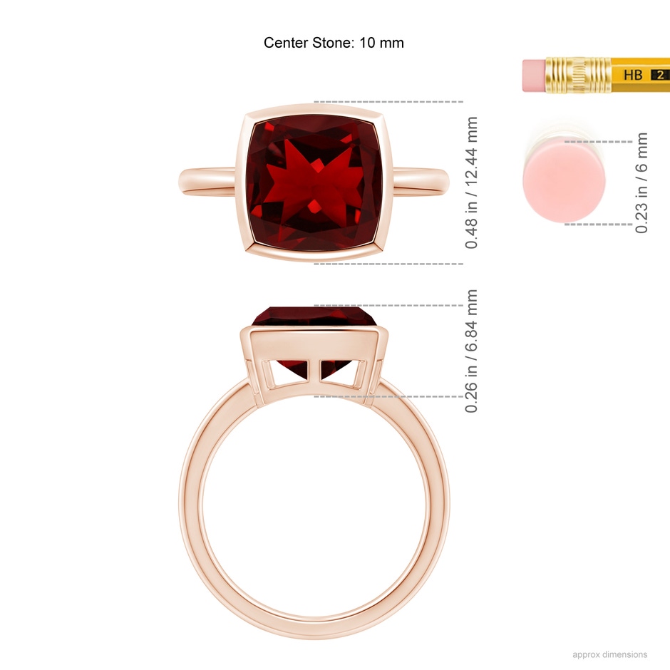 10mm AAAA Bezel-Set Solitaire Cushion Garnet Ring in Rose Gold ruler