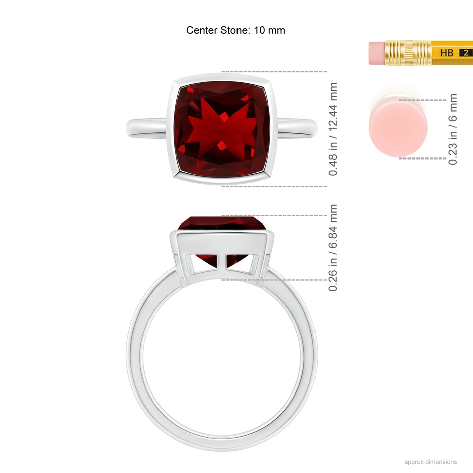 10mm AAAA Bezel-Set Solitaire Cushion Garnet Ring in White Gold ruler