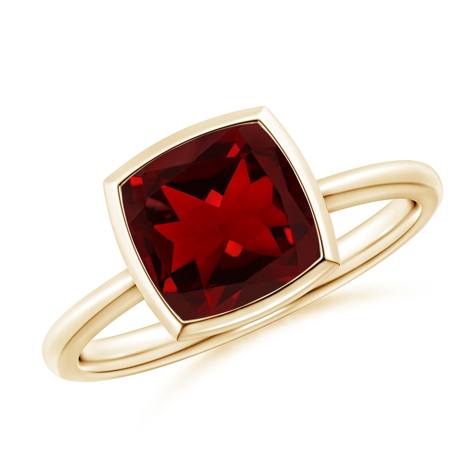 8mm AAAA Bezel-Set Solitaire Cushion Garnet Ring in Yellow Gold 