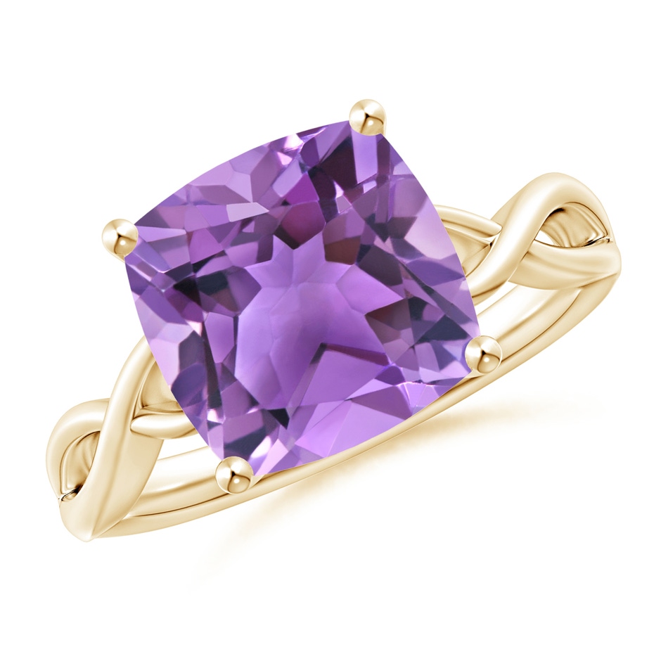 10mm AA Claw-Set Cushion Amethyst Solitaire Engagement Ring in 18K Yellow Gold 