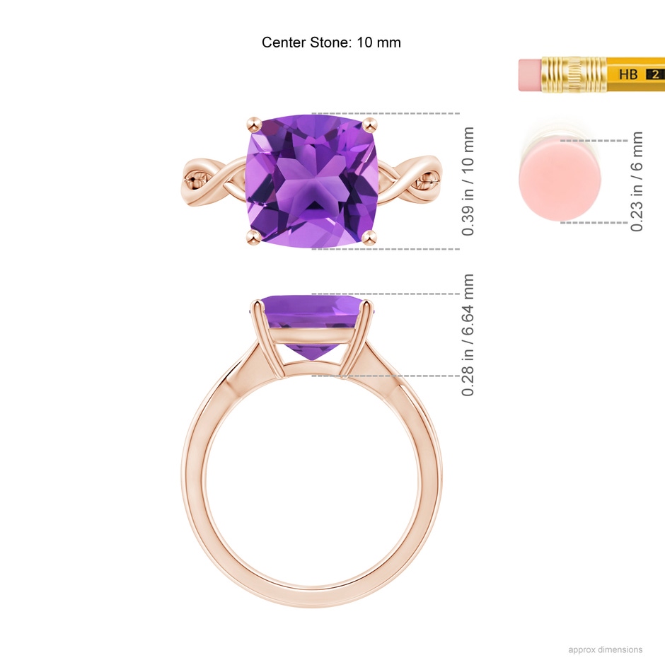 10mm AAA Claw-Set Cushion Amethyst Solitaire Engagement Ring in Rose Gold ruler
