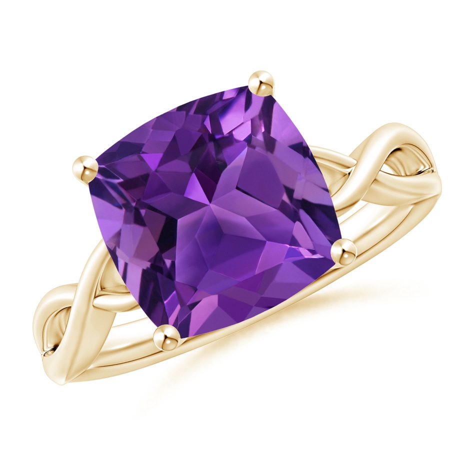 10mm AAAA Claw-Set Cushion Amethyst Solitaire Engagement Ring in 18K Yellow Gold 