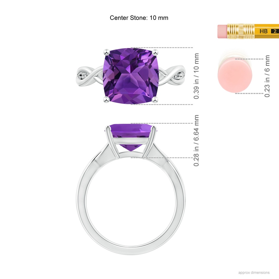 10mm AAAA Claw-Set Cushion Amethyst Solitaire Engagement Ring in P950 Platinum ruler