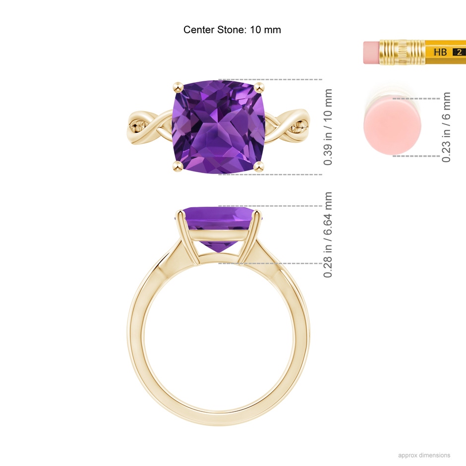 10mm AAAA Claw-Set Cushion Amethyst Solitaire Engagement Ring in Yellow Gold ruler