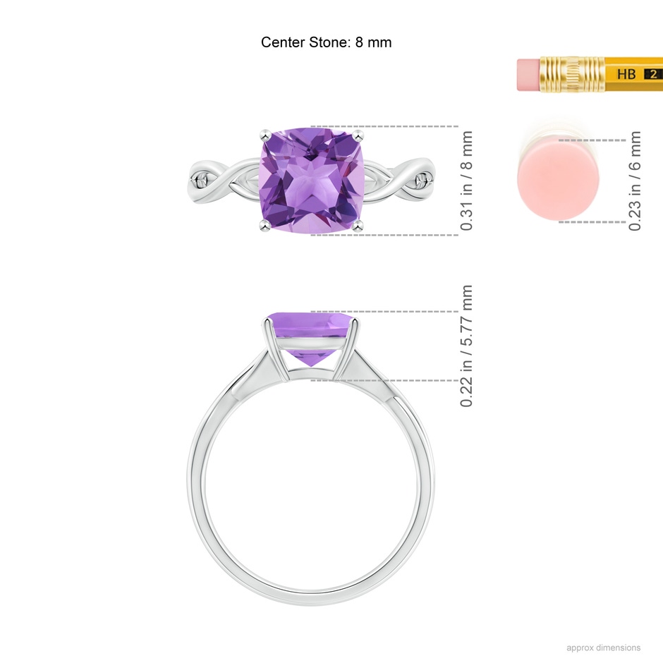 8mm A Claw-Set Cushion Amethyst Solitaire Engagement Ring in P950 Platinum ruler