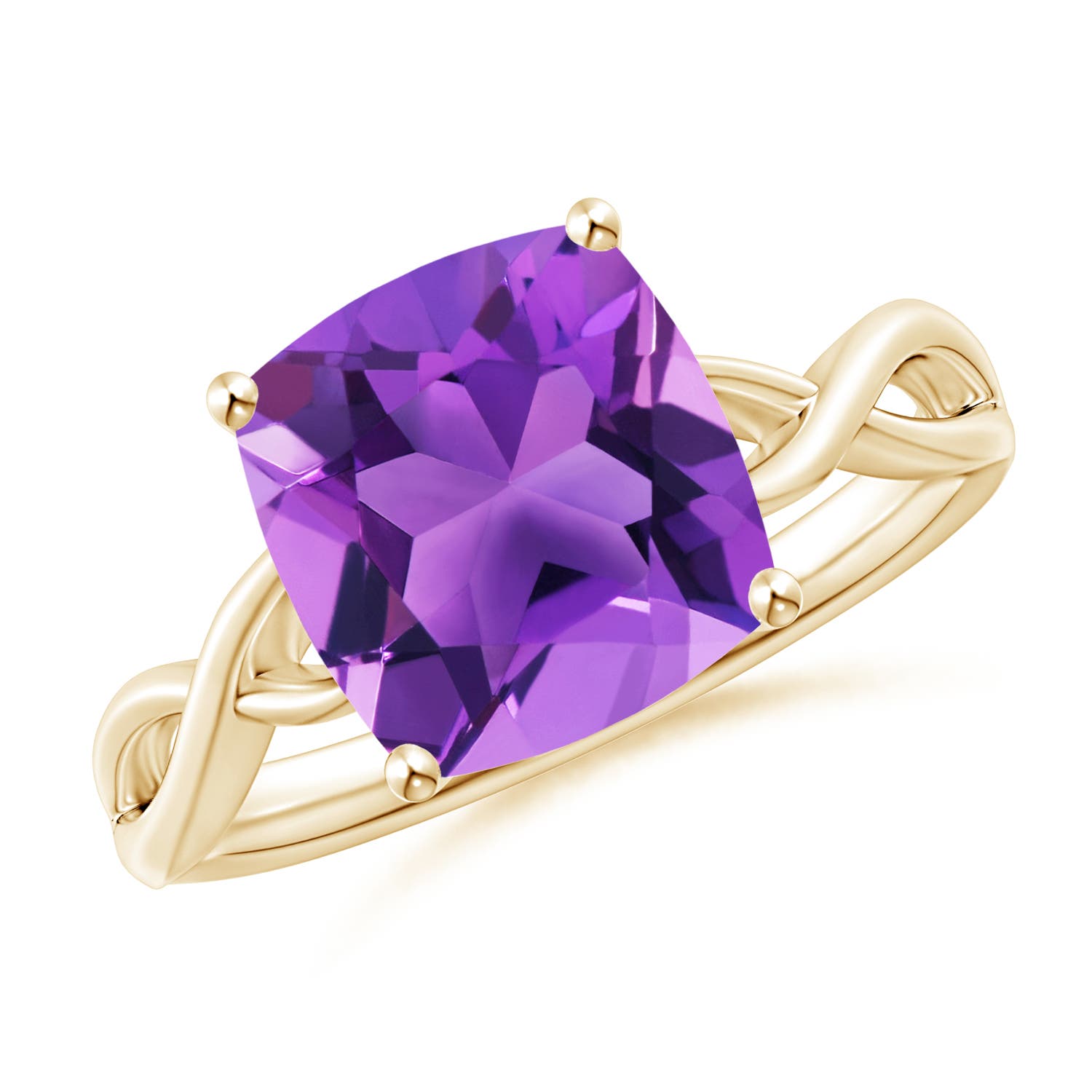 9mm AAA Claw-Set Cushion Amethyst Solitaire Engagement Ring in 18K Yellow Gold