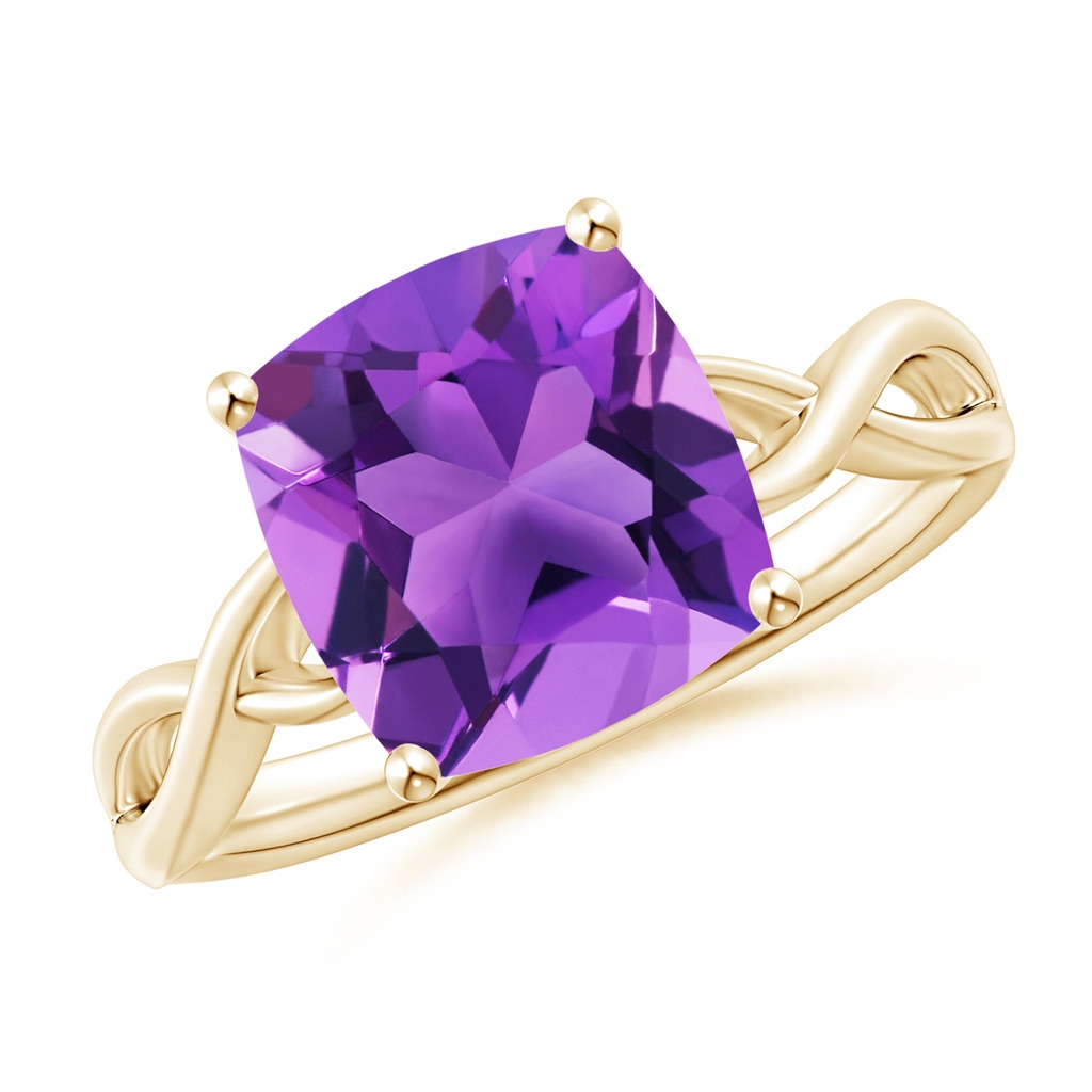 9mm AAA Claw-Set Cushion Amethyst Solitaire Engagement Ring in Yellow Gold