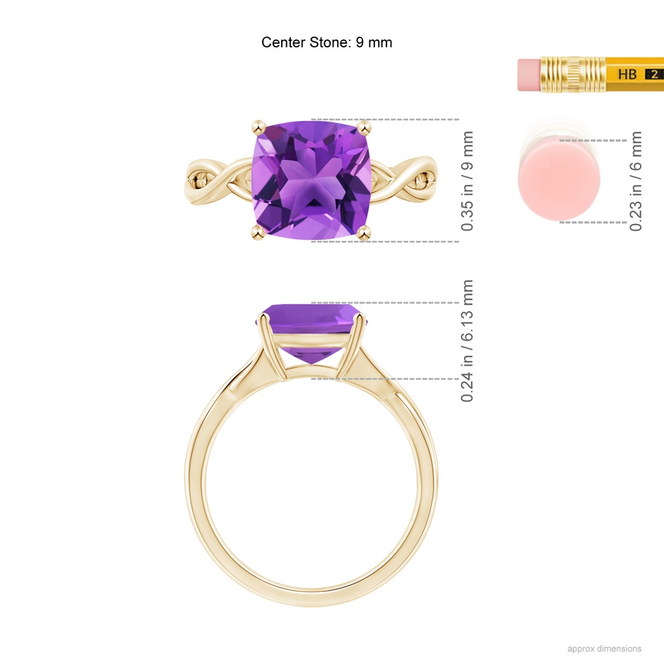 9mm AAA Claw-Set Cushion Amethyst Solitaire Engagement Ring in Yellow Gold ruler