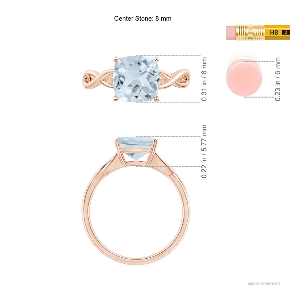 8mm A Claw-Set Cushion Aquamarine Solitaire Engagement Ring in Rose Gold ruler