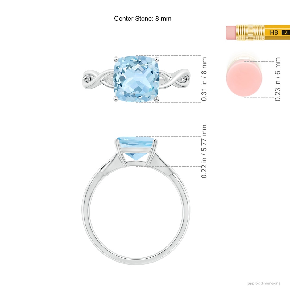 8mm AAA Claw-Set Cushion Aquamarine Solitaire Engagement Ring in 18K White Gold ruler