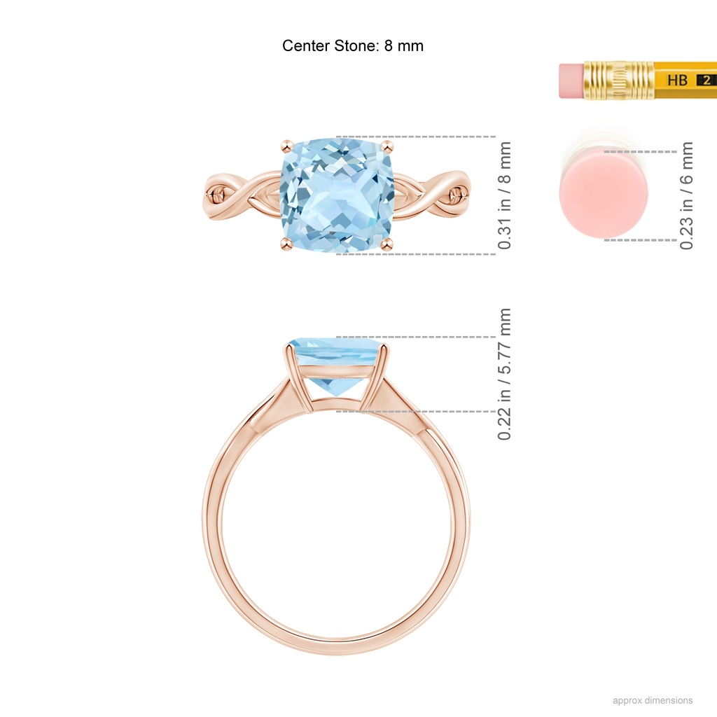8mm AAA Claw-Set Cushion Aquamarine Solitaire Engagement Ring in Rose Gold Ruler