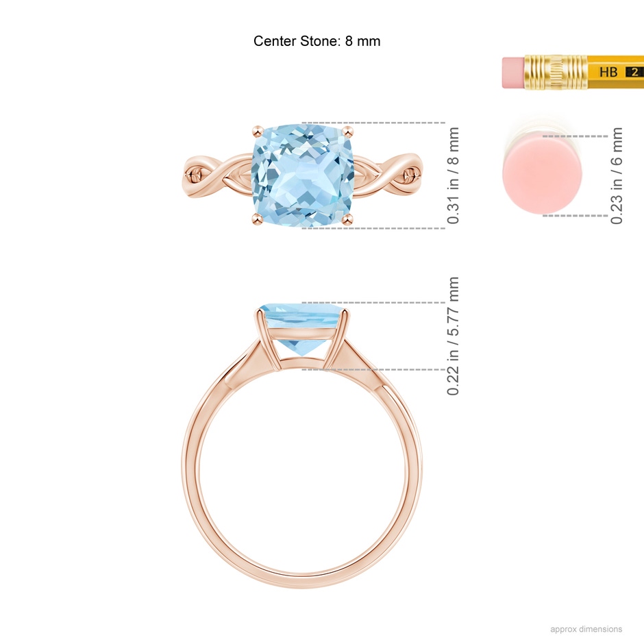 8mm AAA Claw-Set Cushion Aquamarine Solitaire Engagement Ring in Rose Gold ruler