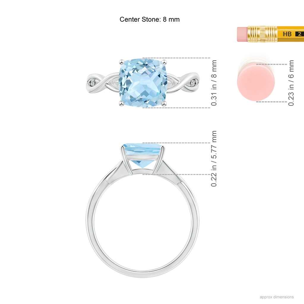 8mm AAA Claw-Set Cushion Aquamarine Solitaire Engagement Ring in White Gold Ruler